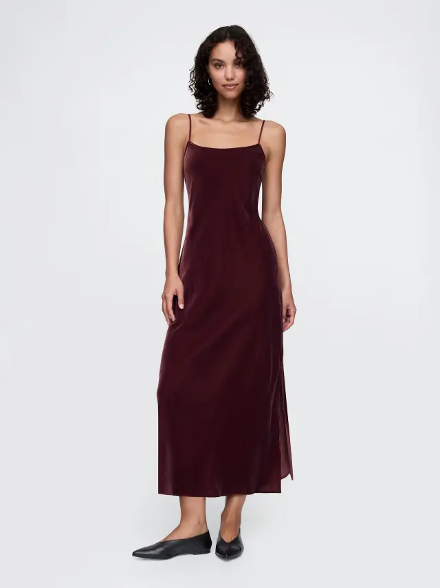 Ανακυκλωμένο Βελούδινο Maxi Slip Φόρεμα Noir red