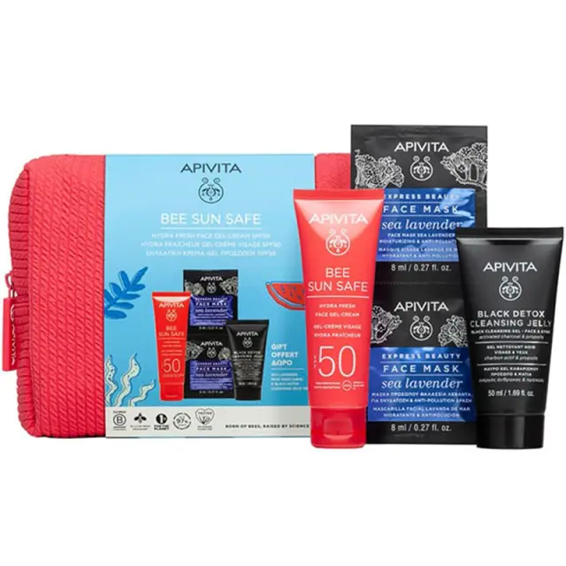 Apivita Promo Bee Sun Safe Hydra Fresh GelApivita Promo Bee Sun Safe Hydra Fresh Gel Cream Eνυδατική Κρέμα-Gel Προσώπου SPF50+, 50ml + Δώρο Black Detox Cleansing Jelly Μαύρο Gel Kαθαρισμού, 50ml + Express Beauty Face Mask Sea Lavender Μάσκα Προσώπου