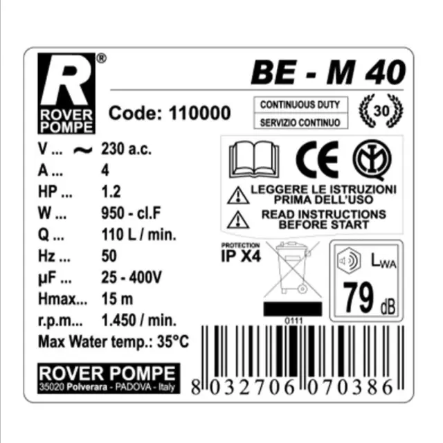 Rover Pompe BE-M40 Αντλία μετάγγισης με ιπποδύναμη 1.2HP μπρούτζινη / 100467 2