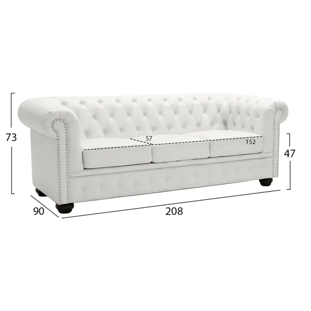 Καναπές 3θέσιος T.CHESTERFIELD τεχνόδερμα λευκό ματ 208x90x73 εκ. 3