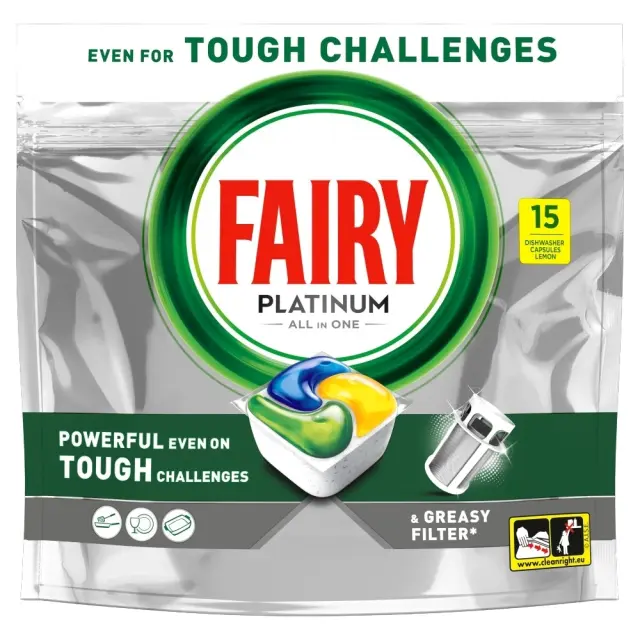 Fairy Caps Platinum Πλυντηρίου Πιάτων Λεμόνι 15 Tεμχαίων