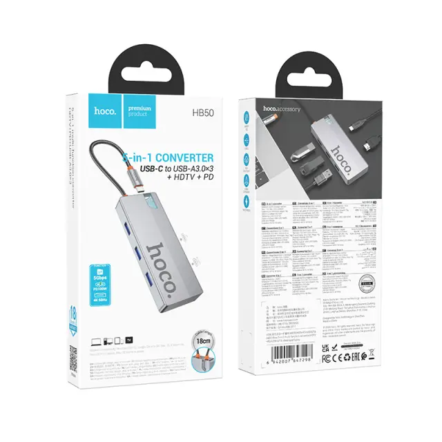 USB Hub Hoco HB50 Wow 5-in-1 USB-C σε HDTV+PD+ 3 x USB3.0 Γκρι 18cm 2
