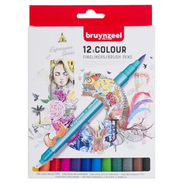 Bruynzeel Διπλοί Μαρκαδόροι Fineliners/Brush, Σετ 12 Χρώματα