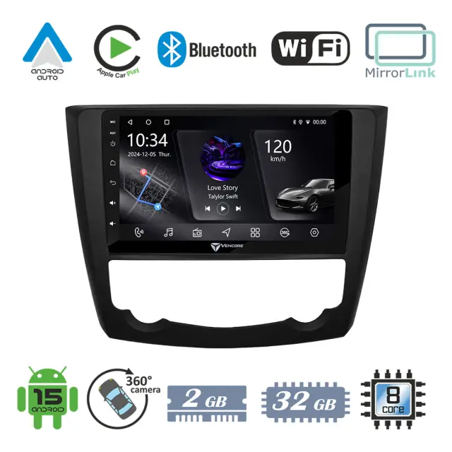 VenCore Οθόνη Multimedia Android 15 9" PX5S Octa-Core 2GB/32GB IPS με Πρόσοψη, CarPlay, Android Auto και Υποστήριξη Κάμερας 360° για Renault Kadjar 2015-2023 – Μαύρη (3236-10005-0218B)