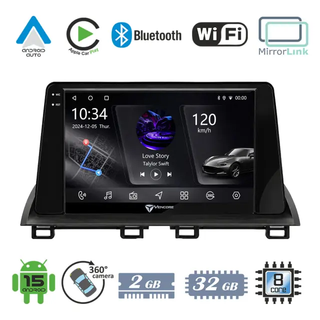 VenCore Οθόνη Multimedia Android 15 9" PX5S Octa-Core 2GB/32GB IPS με Πρόσοψη, CarPlay, Android Auto και Υποστήριξη Κάμερας 360° για Mazda 3 Axela 2014-2026 – Μαύρη (3236-10005-0138B)