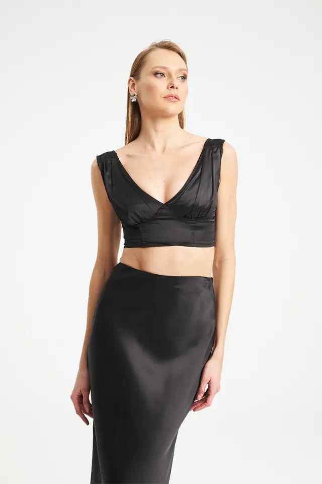 Satin Crop Top με V Ντεκολτέ & Σούρες BESS TOP - XS 2