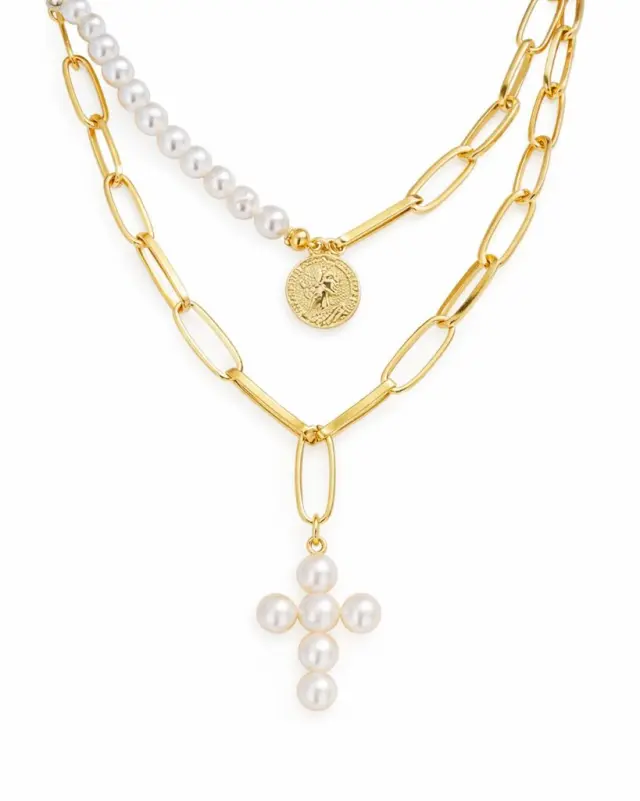 Ghetto Vintage Pearl Necklace Coin Cross Choker