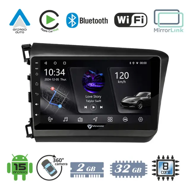 VenCore Οθόνη Multimedia Android 15 9" PX5S Octa-Core 2GB/32GB IPS με Πρόσοψη, CarPlay, Android Auto και Υποστήριξη Κάμερας 360° για Honda Civic 2012-2015 – Μαύρη (3236-10005-0149B)