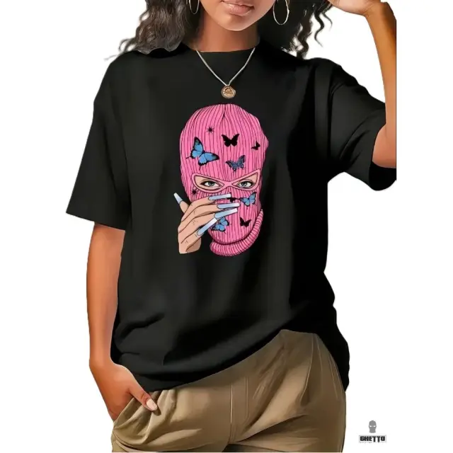 Ghetto Long Black T-shirt Balaclava Girl Stamp For Women