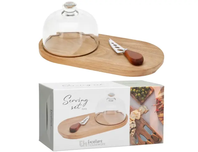 Σετ Σερβιρίσματος Excellent Houseware με γυάλινο καπάκι, μαχαίρι και δίσκο, από ξύλο ακακίας - 3 τεμάχια 278001200