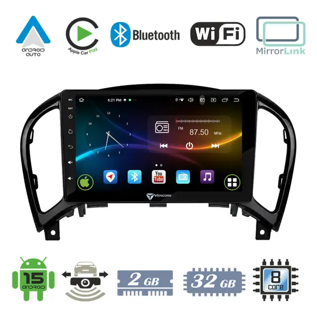 VenCore Οθόνη Multimedia Android 15 9" 9109A MTK6762 Octa-Core 2GB/32GB IPS με Πρόσοψη, CarPlay, Android Auto και Υποστήριξη Κάμερας Οπισθοπορείας AHD για Nissan Juke 2010-2019 – Μαύρη (3236-10007-0755B)