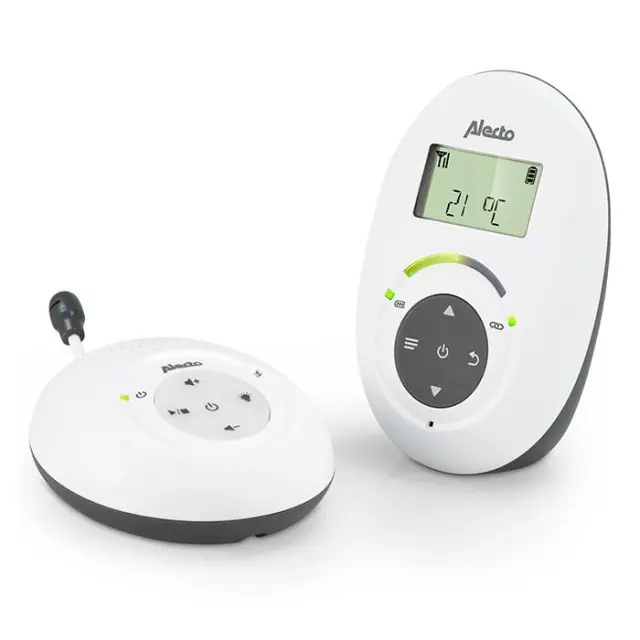 Full Eco DEC Ασύρματη ενδοεπικοινωνία (baby monitor) με οθόνη, προεγκατεστημένα νανουρίσματα και δυνατότητα αμφίδρομης επικοινωνίας, σε λευκό / ανθρακί χρώμα.
