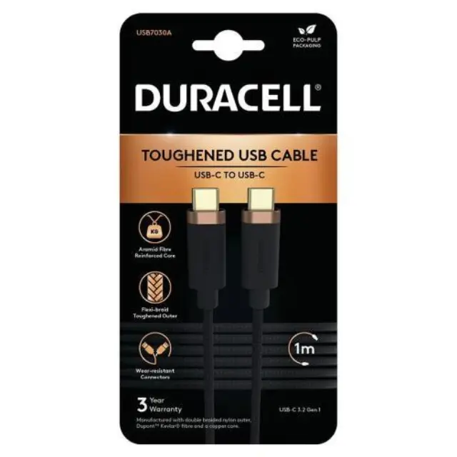Καλώδιο Σύνδεσης USB 3.2 Duracell Braided Kevlar USB C σε USB C 65W 1m Μαύρο N57528