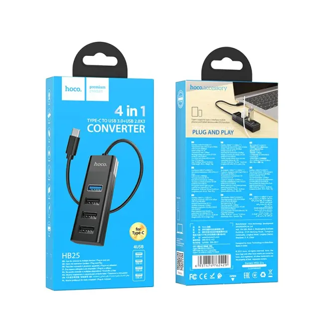 Hub USB-C Hoco HB25 4 in 1 Easy display USB-C σε USB3.0 x 1 και USB2.0 x 3 Μαύρο 2