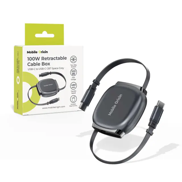 Mobile Origin 100W Retractable Cable Box USB-C to USB-C CB7 Space Grey