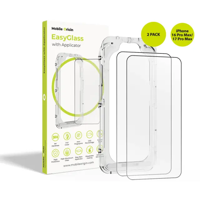 Mobile Origin EasyGlass with Applicator iPhone 16 Pro Max/17 Pro Max, 2 pack