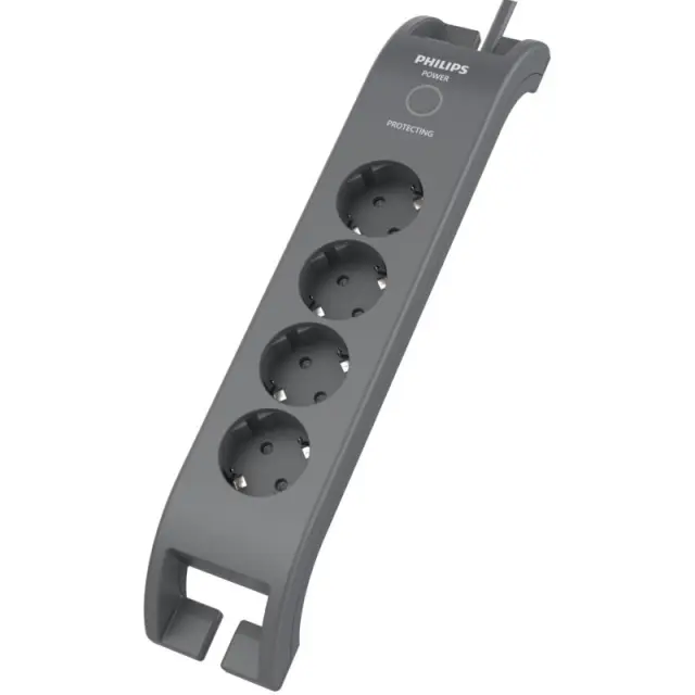 Πολύπριζο Ασφαλείας Philips SPN3140A/GRS - 4x Schuko - Με Διακόπτη On/Off - Προστασία Υπέρτασης - Παιδική Ασφάλεια - Καλώδιο 2m - ΓκριSPN3140A/GRS