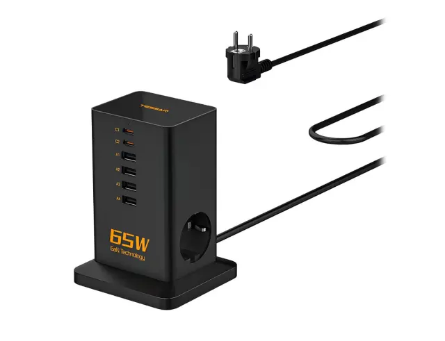 Πολύπριζο Tessan 8-σε-1 GaN Power Strip (TS-FS02DE00) - 2xSchuko, 4xUSB, 2xType-C, καλώδιο 2m - ΜαύροTS-FS02DE00