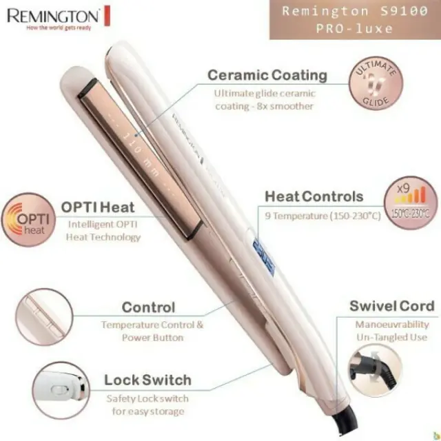 Remington PROluxe S9100 Πρέσα Ισιώματος Μαλλιών με OPTIheat, Κεραμικές Πλάκες 110mm, 230°C, 9 Ρυθμίσεις + Pro+ – Pearl Rose Gold 2