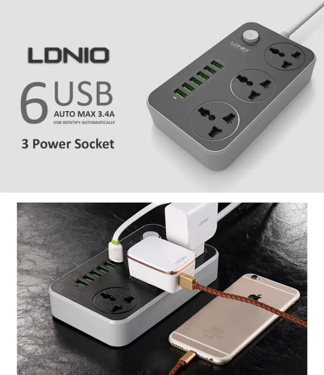 Ldnio Πολύπριζο 3 Θέσεων με Διακόπτη, 6 USB και Καλώδιο 2m SC3604 3