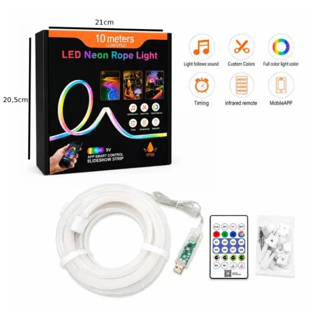 Έξυπνη RGB LED Neon Rope Light 10 Μέτρων USB με Τηλεχειριστήριο, Εφαρμογή και IP68 - LED Neon Rope Light 10M 082399 2