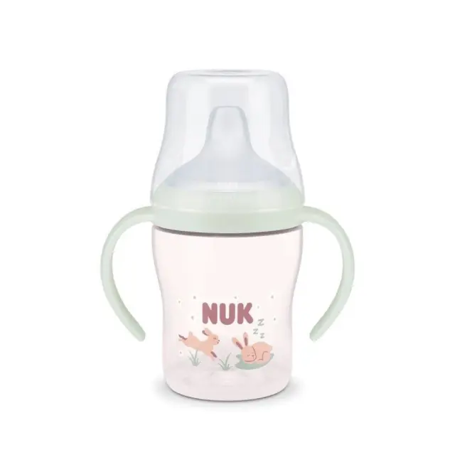 NUK Perfect Match Night Εκπαιδευτικό Μπιμπερό με Στόμιο Σιλικόνης και 2 Λαβές 6+ Μηνών, Ροζ Κουνελάκια, 150ml