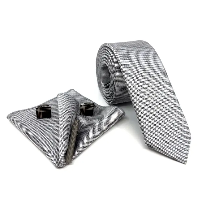 Ασημί Silver Γραβάτα Oxford 6,5 cm με Ασορτί Μαντήλι