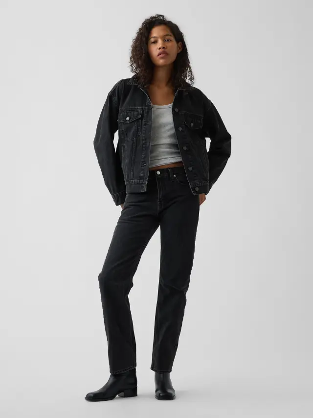 Γυναικείο Mid Rise Τζιν Παντελόνι σε Straight Taper Γραμμή Black wash