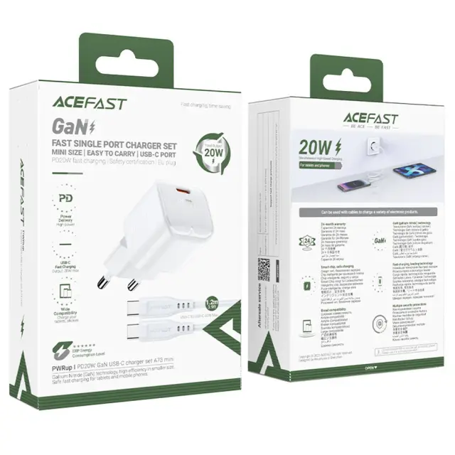 Φορτιστής Ταξιδίου Acefast A73 Mini Fast Charging 1xUSB-C PD20W QC3.0 GaN Λευκός + Καλώδιο USB-C σε USB-C 2