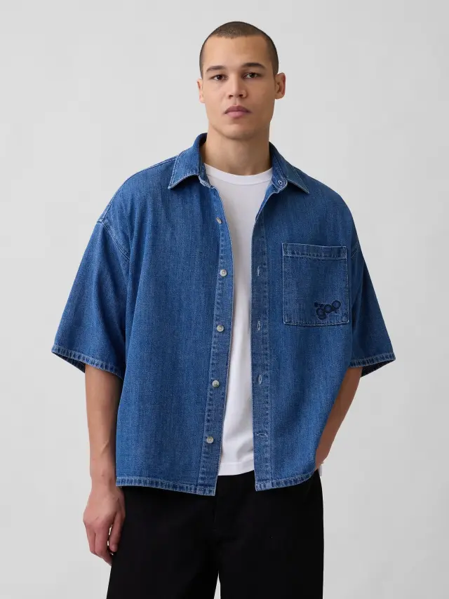 Ανδρικό Τζιν Πουκάμισο Oversized με Ίσιο Στρίφωμα medium indigo
