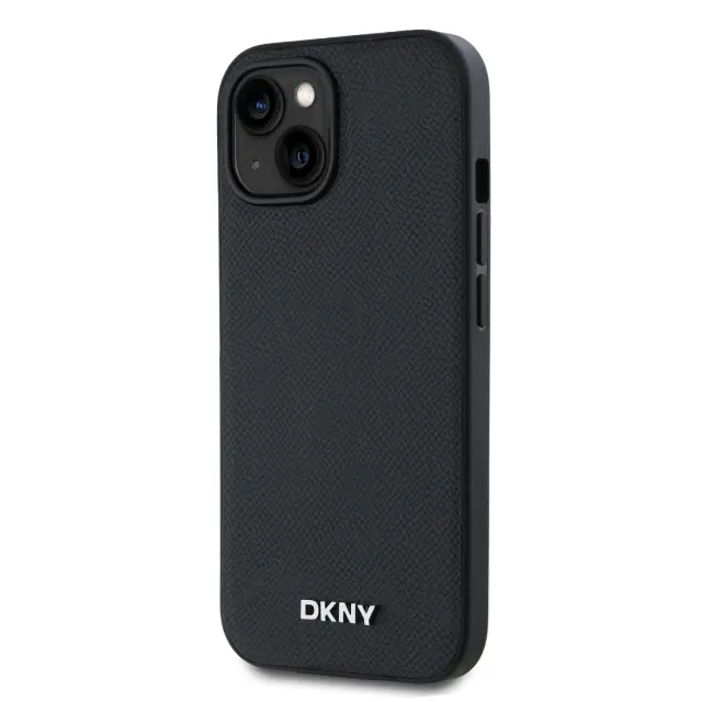 DKNY PU Leather Silver Metal Logo Magsafe Case for iPhone 13 Black 3