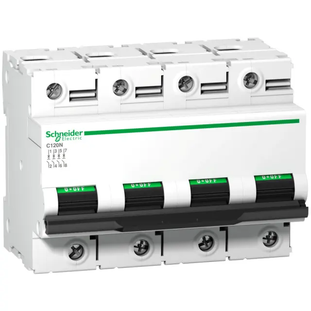 Miniature circuit-breaker, Acti9 C120N, 4P, 125 A, D curve, 10000 A (IEC 60898-1), 10 kA (IEC 60947-2)