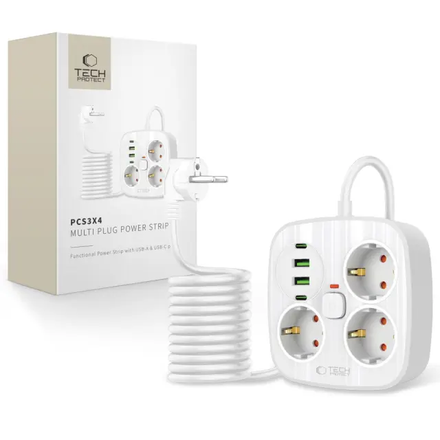 Tech-protect Pcs3x4 Power Strip 2 Usb & 2 Type-c & 3 Socket 200cm White