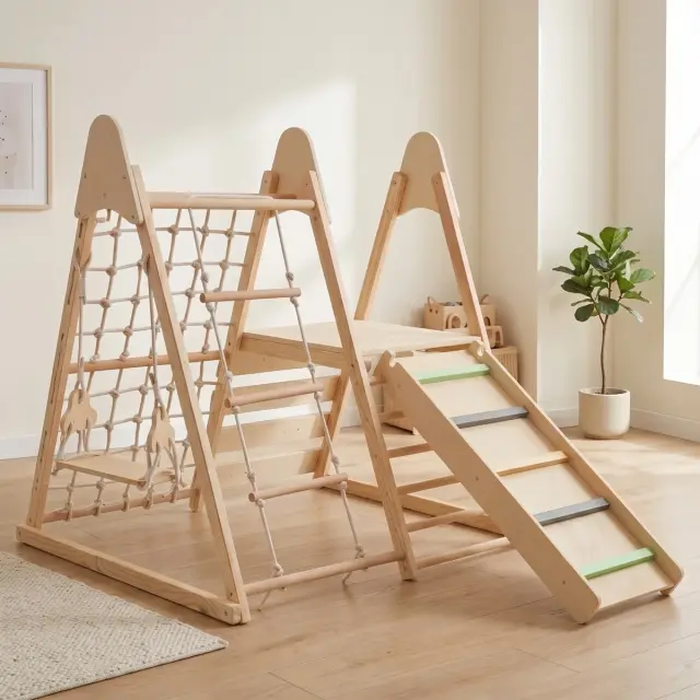 Moni Toys Little Gym Ξύλινο Γυμναστήριο Αναρρίχησης με Δίχτυ Τσουλήθρα και Κούνια 3+ Ετών 2