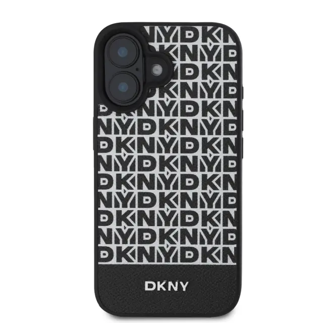 DKNY PU Leather Repeat Pattern Bottom Stripe MagSafe Case for iPhone 16 Plus Black 2