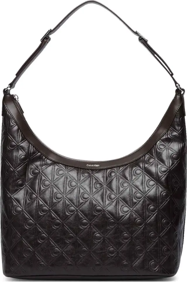 Calvin Klein Γυναικεία Μεσαία Τσάντα Ώμου Emblem All Over Print Debossed Medium Shbag Καφέ