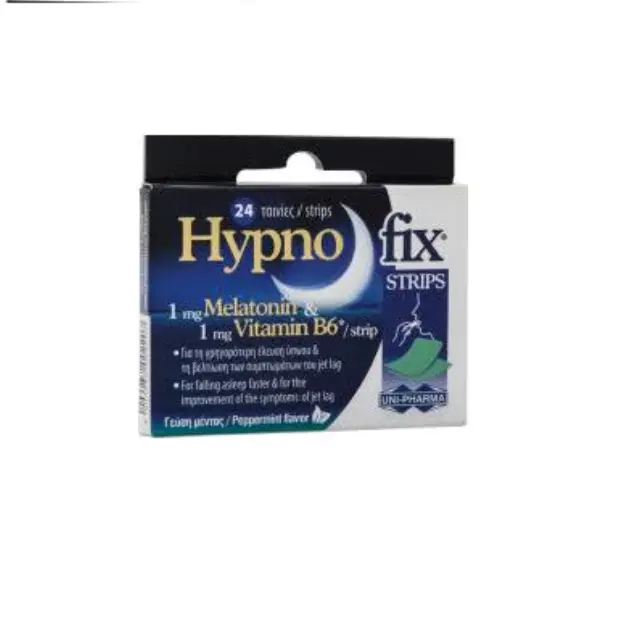 Uni-Pharma Hypno Fix Strips Συμπλήρωμα διατροφής με μελατονίνη και βιταμίνη Β6, 24 ταινίες, γεύση μέντας