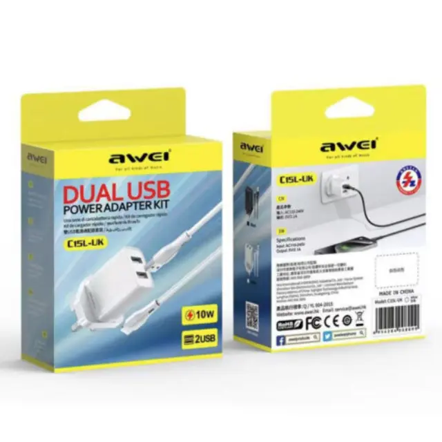 Awei C15L-UK Φορτιστής 10W με Καλώδιο Lightning και 2 Θύρες USB 2