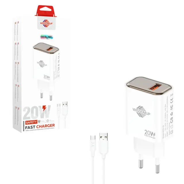 Wisdomup Φορτιστής Ταχείας Φόρτισης 20W USB-C με Καλώδιο USB-C σε Type-C OCD-29T - Fast Charger with USB-C to Type-C Cable 025184