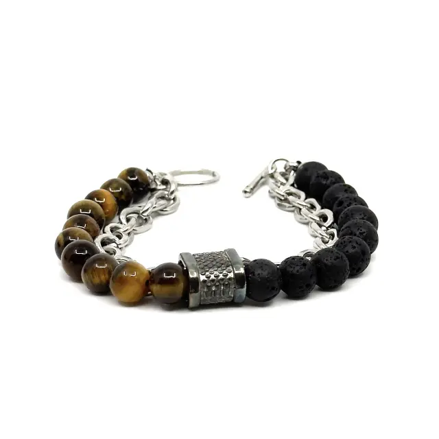 Tiger Eye Lava Stone Βραχιόλι με Ασημί Αλυσίδα 3