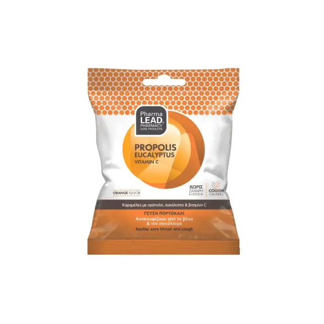 PharmaLead Propolis, Eucalyptus & Vitaminin C Cough Candies Lemon Flavor Καραμέλες με Πρόπολη, Ευκάλυπτο & Βιταμίνη C - Γεύση Πορτοκάλι, 40g