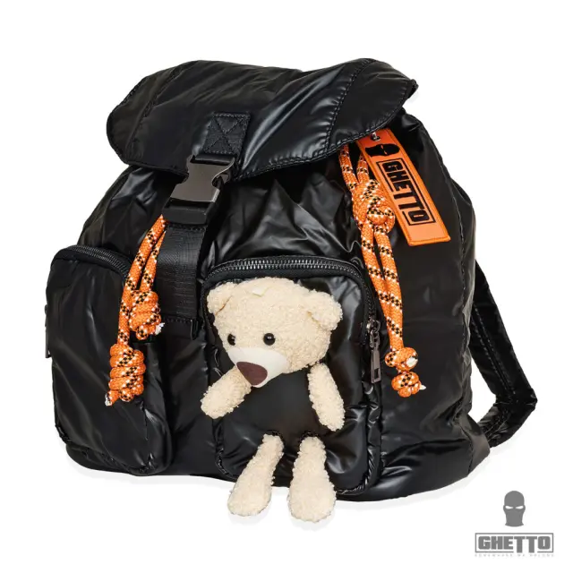Ghetto Small Bear Puffer Tactical Backpack with Teddy Detail | Streetwear Utility Bag (Black) 2