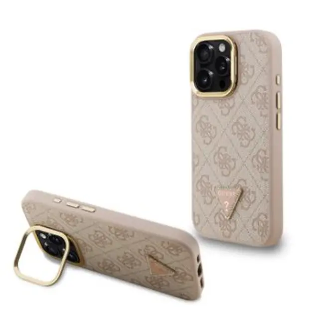 Guess PU 4G Strass Triangle Logo Stand Camera Frame MagSafe Case for iPhone 15 Pro Max Pink