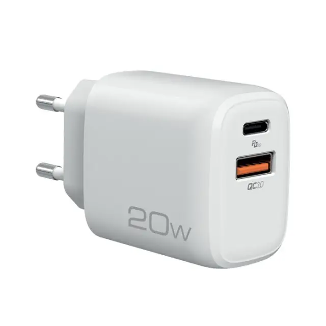 Universal οικιακός φορτιστής USB-A QC3.0 & USB-C PD3.0 20W, σε λευκό χρώμα.