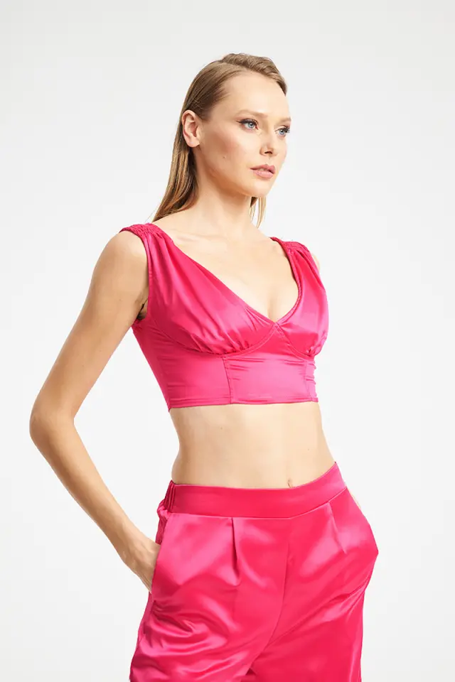 Satin Crop Top με V Ντεκολτέ & Σούρες BESS TOP - XS 2