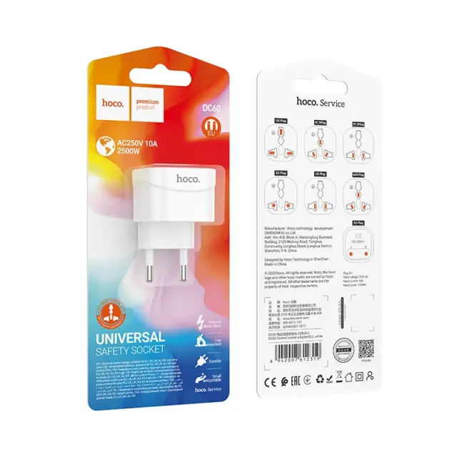 Αντάπτορας Hoco. DC60 Universal (UK, 3C 3Plug, 3C 2Plug, US Plug) σε European Λευκός 2