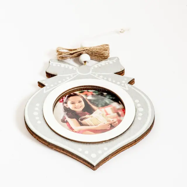 Χριστουγεννιάτικο ξύλινο Στολίδι 9x12cm (ασημί άσπρο) για φωτογραφία 5,5X5,5cm 2
