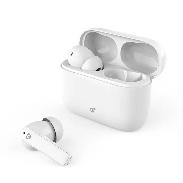 Bluetooth ακουστικά handsfree με θήκη φόρτισης και λειτουργία environmental noise cancelling (ENC), σε λευκό χρώμα.