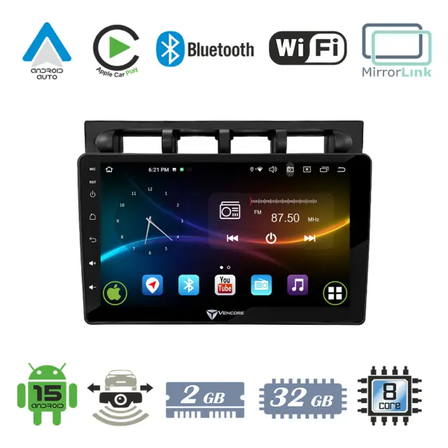 VenCore Οθόνη Multimedia Android 15 9" 9109A MTK6762 Octa-Core 2GB/32GB IPS με Πρόσοψη, CarPlay, Android Auto και Υποστήριξη Κάμερας Οπισθοπορείας AHD για Kia Picanto 2004-2007 – Μαύρη (3236-10007-0469B)