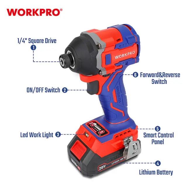 WORKPRO ΕΠΑΝΑΦΟΡΤΙΖΟΜΕΝΟ ΚΑΤΣΑΒΙΔΙ ΠΑΛΜΙΚΟ 20V-Li BL 230Nm. (1×2,0AH) WP390106 (PROFI PLUS) 2